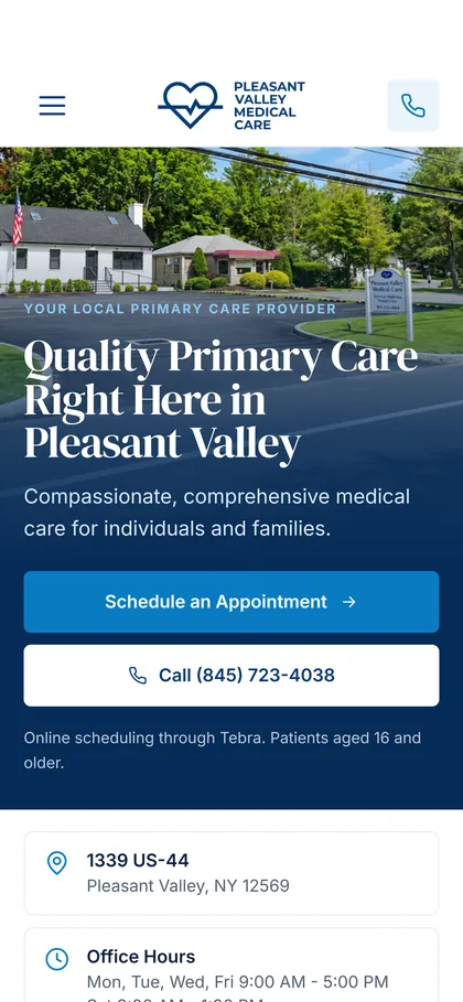Pleasant Valley Medical Care homepage on a phone